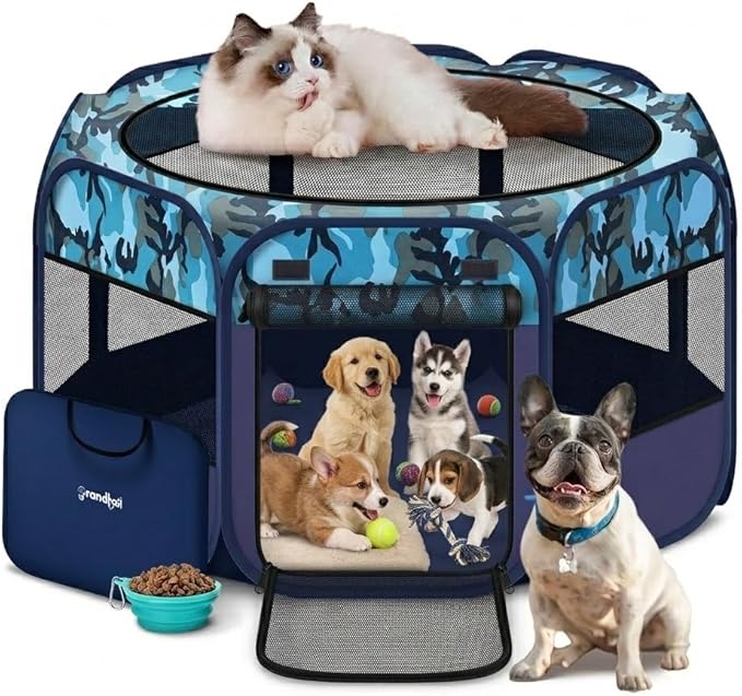 48" Large Pop Up Dog Playpen & Whelping Box for Dogs, Portable Foldable Puppy Playpen with Waterproof Bottom, Pet Tent Exercise Pen for Camping/Indoor, Includes Bowl & Carry Bag