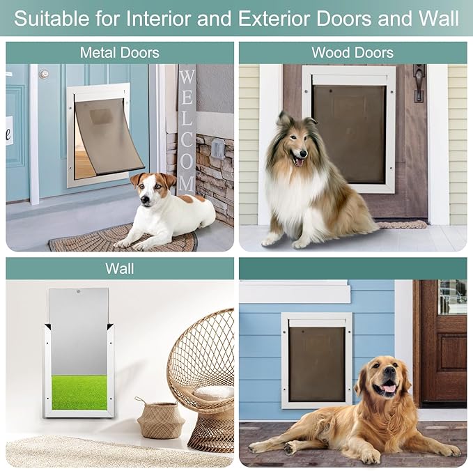 Durable Aluminum Doggy Door - Large, White, Easy to Install for Large Dogs & Pets (Adjustable Thickness, L)