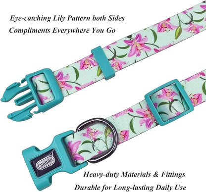 Dog Collar Leash Set, Floral Pattern, Polyester Material, Adjustable Collar and 5ft Matchcing Leash, for Puppy Dogs.(XS, Green Lily)