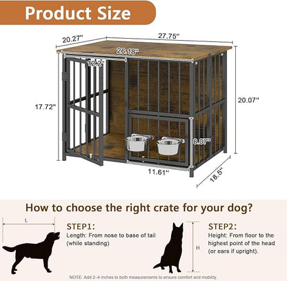 Hadulcet Foldable Dog Crate Furniture, No Assembly Indoor Dog Kennel with Storage Top, Wooden Dog Crate Table for Small to Medium Dogs, 27.55” Furniture Style Dog Cage with 2 Bowls Rustic Brown