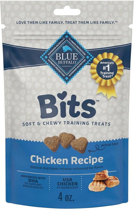 Blue Buffalo Bits Soft Dog Treats for Training, Made with Natural Ingredients & Enhanced with DHA, Chicken Recipe, 4-oz Bag