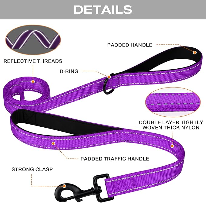 Joytale Dog Leash Heavy Duty for Large Dogs that Pull, Double Handle for Traffic Control, Double-Sided Reflective Leashes for Large Medium Dogs Night Safety, 4FT, Purple