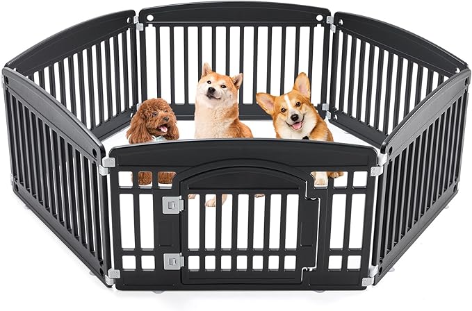 Sweetcrispy Plastic Dog Playpen, 6 Panels 24" Expandable & Durable Pet Fence for Medium Dogs - Indoor & Outdoor Portable Puppy Playpen with Secure Locking Door, Black