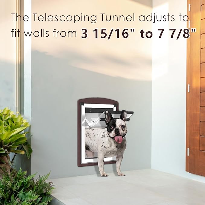 Dog Door for Wall, Dog Door with Double Magnetic Flaps, Double Lock Panels, Steel Frame and Telescoping Tunnel, Doggie Door for Interior and Exterior Wall, Medium, Coffee Color