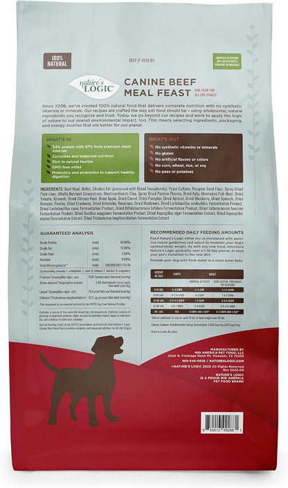 Nature's Logic Dry Dog Food - 100% Natural - No Synthetics - for All Ages, Sizes, Breeds - Free from Common Allergens, High Protein - Beef Meal Feast, 25lbs