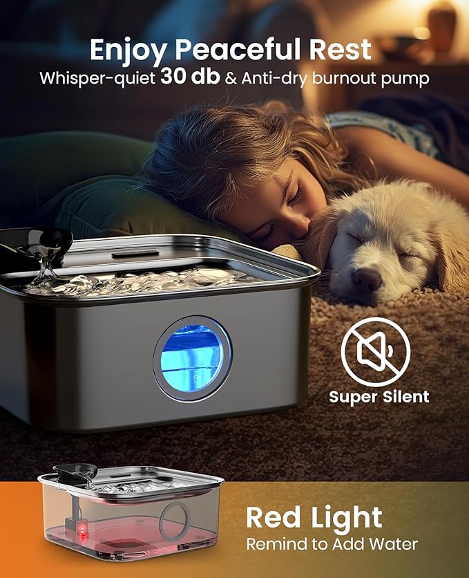 oneisall Dog Water Fountain for Large Dogs, 10L/2.6Gal Stainless Steel Automatic Dog Water Bowl Dispenser with Deeper, Wider Drinking Area, Water Window & Triple Filtration for Large Dogs & Multi-Pet