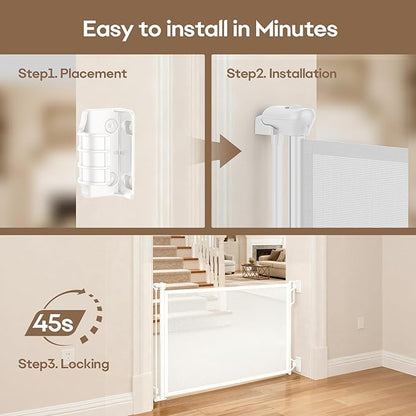 SPACEANY Retractable Safety Baby Gate or Mesh Dog Gate,Durable Portable Mesh Retractable Gate,Easy to Use for Stairs, Doorways, Hallways, Indoor, Outdoor, 33.5" Tall, Up to 45" Wide, White