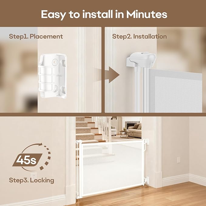Spaceany Retractable Safety Baby Gate or Mesh Dog Gate,Durable Portable Mesh Retractable Gate,Easy to Use for Stairs, Doorways, Hallways, Indoor, Outdoor, 33.5" Tall, Extends to 55" Wide,White