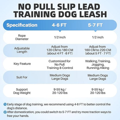 SlowTon Slip Lead for Dogs - Hands Free No Tangle Adjustable 5-7 FT 1/2” Rope, Heavy Duty Nylon Leash for Large Medium Dogs that Pull, No Pull Training Slip Leashes, 20-120lb, Black