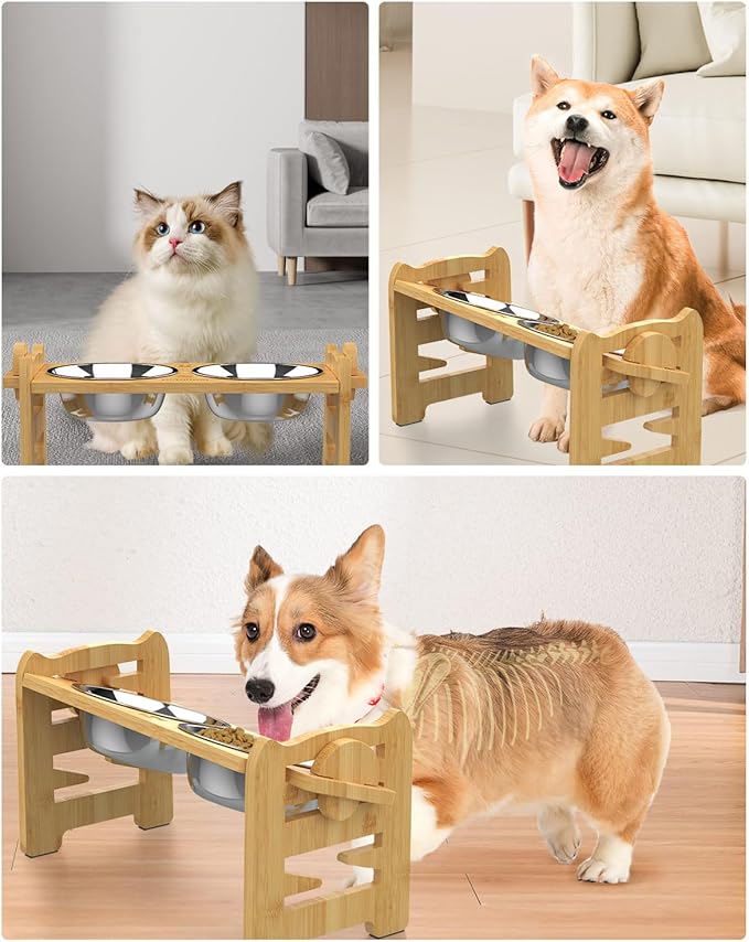 Jovrun Elevated Dog Bowls, Adjustable Raised Dog Bowl Stand for Small Size Dogs and Cats, 15°Tilted Elevated Cat Bowls, Durable Bamboo Dogs Feeder with 2 Stainless Steel Bowls and Non-Slip Feet