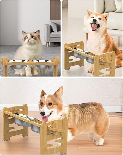 Jovrun Elevated Dog Bowls, Adjustable Raised Dog Bowl Stand for Small Size Dogs and Cats, 15°Tilted Elevated Cat Bowls, Durable Bamboo Dogs Feeder with 2 Stainless Steel Bowls and Non-Slip Feet