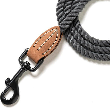 Mile High Life Dog Leash, Braided Cotton Rope Leashes with Leather Tip - Heavy Duty Metal Clasp, 4FT, 1/3" Thick - Wedding, Walking Leash for Small Medium Dogs(Dark Gray)