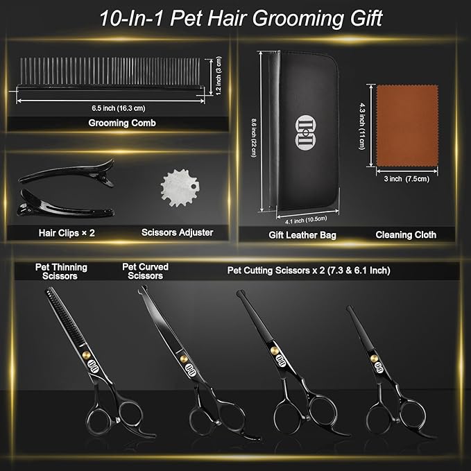 CIICII Dog Grooming Scissors Kit, 7 Inch Professional Pet Grooming Scissors Set with Safety Round Tip (Dogs/Cat Hair Cutting Trimming Thinning Shears with Curved Scissors) for DIY Home Salon (Black)