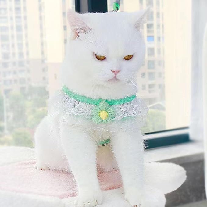 Cat Harness Collar and Leash Set, Sweet Lace Floral Kitten Collar, Escape Proof Puppy Chest Harness, Adjustable Cute Harness Leash Set for Cat Puppy Dog Outdoor Walking (Green, S)