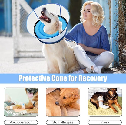 2-in-1 Soft Inflatable Dog Cone Collar Alternative with Enhanced Anti-Licking Guard Shield, Dog Collar After Surgery, Adjustable Recovery Cones for Large Medium Small Dogs and Cats(Blue, XL)