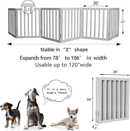 ZJSF Freestanding Indoor Dog Gate for House Foldable Wood Grey Puppy Gate for Doorways Pet Gate for Stairs Extra Wide Pet Fence 24" Height 6 Panels