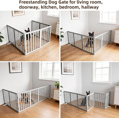 ZJSF Freestanding Indoor Dog Gate for House Foldable Wood Puppy Gate for Doorways Pet Gate for Stairs Extra Wide Pet Fence, Grey, 24" Height 6 Panels