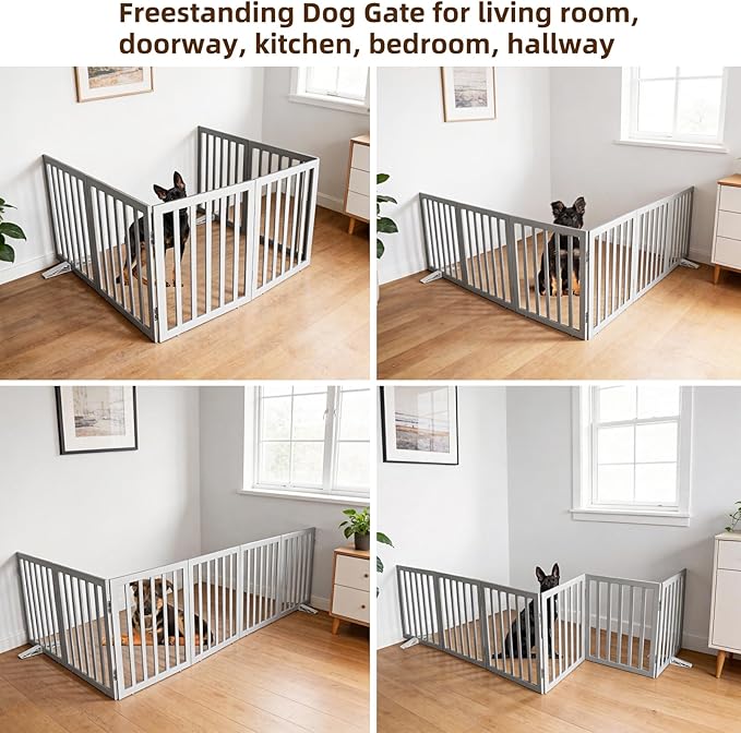 ZJSF Freestanding Indoor Dog Gate for House Foldable Wood Puppy Gate for Doorways Pet Gate for Stairs Extra Wide Pet Fence, Grey, 32" Height 6 Panels
