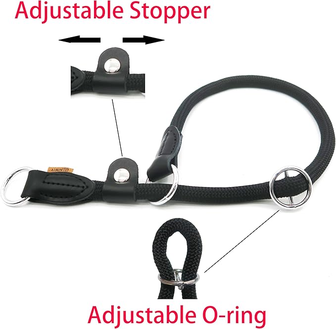 Braided Round Martingale Dog Collar, Training Collar with Slidable Stop Ring and Adjustable Stopper - Ideal for Extra Large Dogs (XL(1/2") - 24" Long, Black)