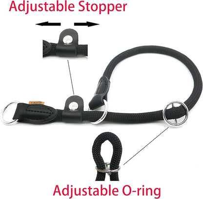 Braided Round Martingale Dog Collar, Training Collar with Slidable Stop Ring and Adjustable Stopper - Ideal for Extra Large Dogs (XL(1/2") - 24" Long, Black)