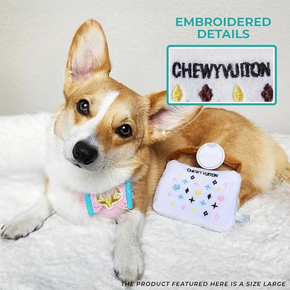 Haute Diggity Dog Chewy Vuiton Handbag Plush Squeaky Dog Toy, Soft Durable Designer-Inspired Stuffed Puppy Chew Toys for Small, Medium & Large Dogs, Machine-Washable (White) XL