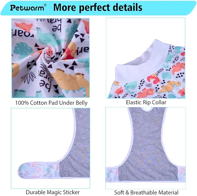 PetWarm Post Neuter Surgery Suit for Dogs Male, E Collar Alternative for Dogs After Surgery, Anti-Licking Dog Surgery Recovery Suit Dog Bodysuit, Dinosaur Pattern, White, 2XL