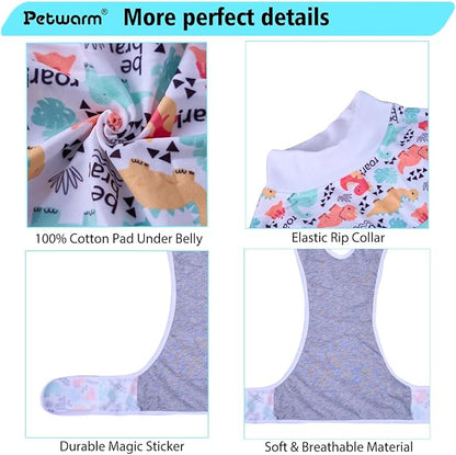 PetWarm Post Neuter Surgery Suit for Dogs Male, E Collar Alternative for Dogs After Surgery, Anti-Licking Dog Surgery Recovery Suit Dog Bodysuit, Dinosaur Pattern, White, 2XL