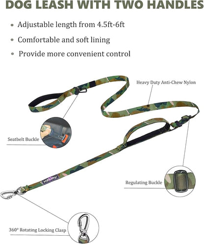 Hotsky Double Handle Dog Leash for Large Medium and Small Breed Dogs that Pull,Adjustable Nylon Heavy Duty Dog Leash with Car Seat Belt for Walking and Training,Camo,4.5-6 FT