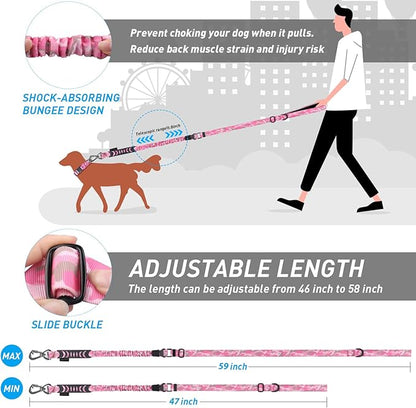 Hotsky Tactical Dog Leash Heavy Duty for Medium Large Dogs that Pull,4-6Ft Strong Bungee Shock Absorbing No Pull Dog Leash with Padded Double Handle and Car Seatbelt,Pink Camo