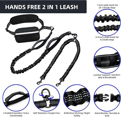 Uppetly Hands Free Double Dog Leash with Pouch, Dual Leash for 2 Dogs with Reflective Padded Handles, Durable Bungee and Lumbar Waist Belt for Walking, Jogging and Running (Medium/Large, 25-120 lbs)