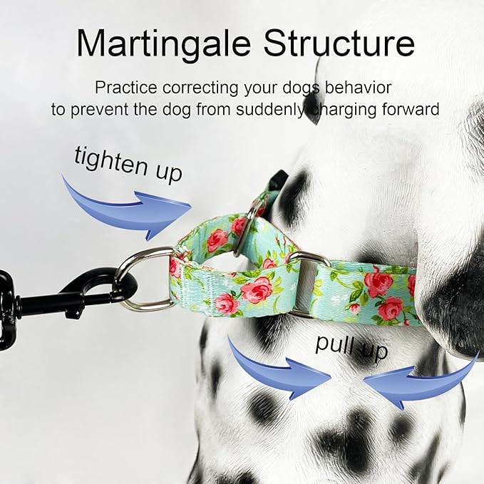 No Pull Martingale Dog Collar with Buckle Floral Slip Collar for Female Dogs (Green Rose,Large)