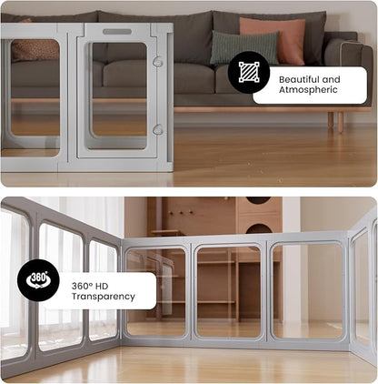 Clear Acrylic Dog Playpen - 30.4 x 30.4 Inch, 24" H 8 Planes Transparent Dog Fence Indoor, Sturdy Pet Pen for Puppy/Small Dog/Rabbit/Pig, Easy Assemble & Cleaning Plastic Whelping Box Enclosure, Grey