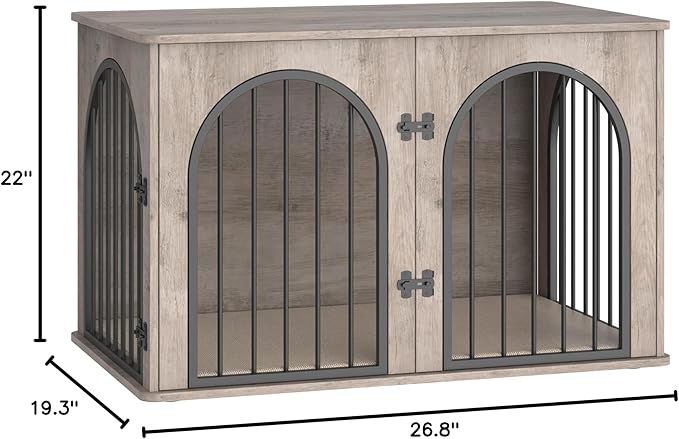 Hzuaneri 26.8'' Wooden Dog Crate Furniture, Indoor Dog Kennel Dogs Cage for Small Dogs, Heavy Duty Dog Crates Decorative Pet House End Side Table TV Stand, Greige DFC85505B