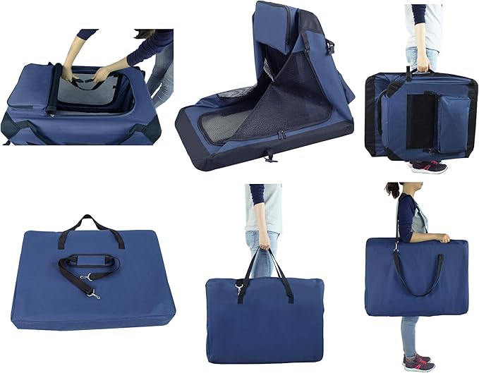 EliteField 3-Door Folding Soft Dog Crate with Carrying Bag and Fleece Bed (2 Year Warranty), Indoor & Outdoor Pet Home (20" L x 14" W x 14" H, Navy Blue)