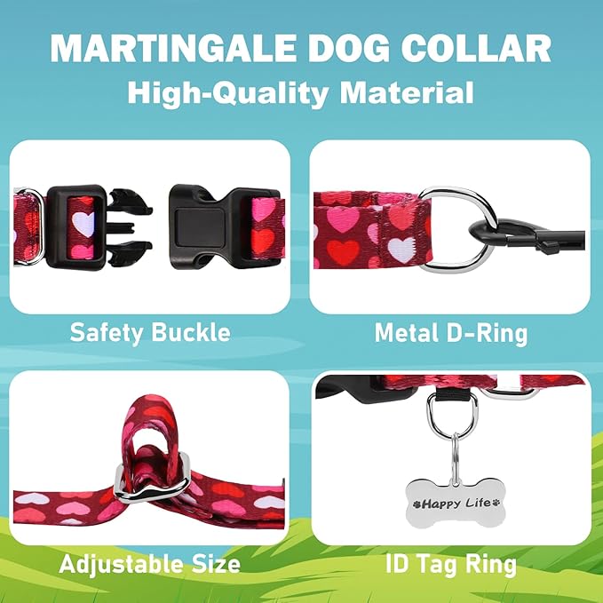 Pink Martingale Collar for Dogs with Buckle Adjustable Heart Valentines Dog Collars (Burgundy Love, Large)