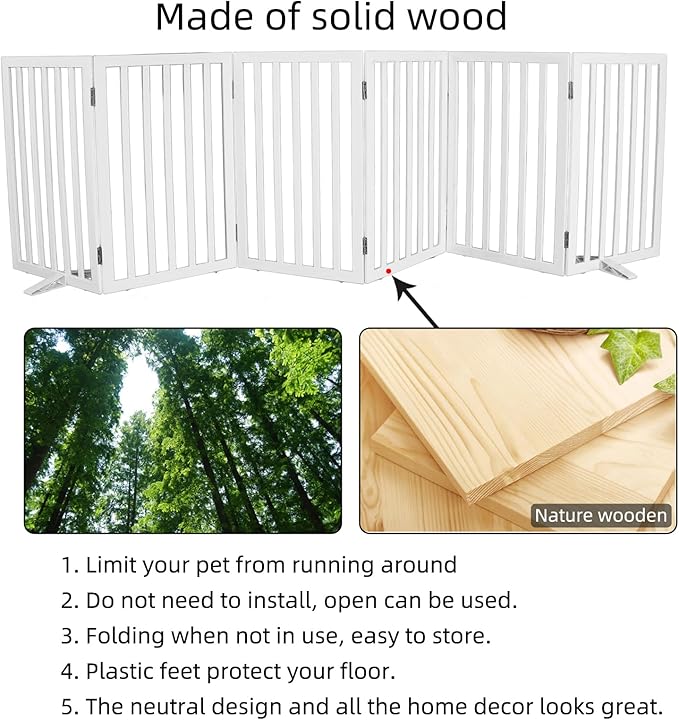 ZJSF Freestanding Indoor Dog Gate for House Foldable Wood White Puppy Gate for Doorways Pet Gate for Stairs Extra Wide Pet Fence 32" Height 6 Panels