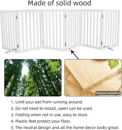 ZJSF Freestanding Indoor Dog Gate for House Foldable Wood White Puppy Gate for Doorways Pet Gate for Stairs Extra Wide Pet Fence 32" Height 6 Panels