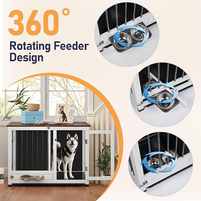 Dog Crate - 31.5" Wooden Dog Kennel Furniture with 360° Rotating Feeder & Removable Tray | Indoor Multi-Functional End Table for Medium & Small Dogs, White Dog Cage, Portable Pet Furniture