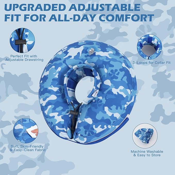 IEUUMLER Inflatable Recovery Dog Cone Collar, Neck Donut Protective ECollar, Adjustable Soft Collar for Dog and Cat After Surgery Prevent from Biting & Licking EU020 Blue Camo XL