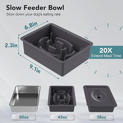 UPSKY 3-in-1 Elevated Dog Bowls Slow Feeder, Adjustable Stand, No Spill Water Dispenser, Stainless Steel Food & Water Bowl for Small Medium Dogs
