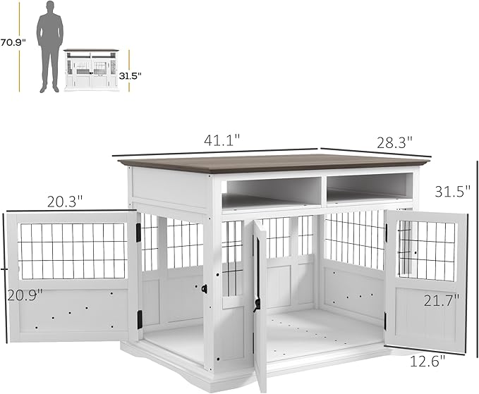 PawHut Dog Crate Furniture Side End Table with Storage, 41" Modern Wooden Dog Kennel Furniture with Double Doors for Small and Medium Dogs, White