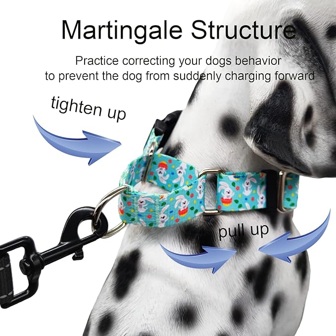 Easter Martingale Collar for Dogs with Buckle Bunny Dog Collar Adjustable Soft Nylon Girl Dog Collars for Large Dogs, Green Rabbit