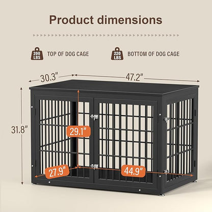 rehomerance 48 Inch Heavy Duty Dog Crate Furniture for Large Dogs, Decorative Pet House End Table, Extra Large Wooden Cage Kennel Furniture Indoor, Black