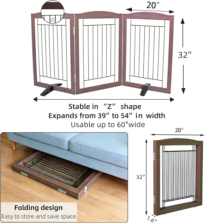 ZJSF Freestanding Dog Fence Indoor, Foldable Dog Gate for Doorways, Stairs or Hallways, Sturdy Wood Extra Wide Pet Gate with Support Feet for The House, Brown, 32 "Height-3 Panels