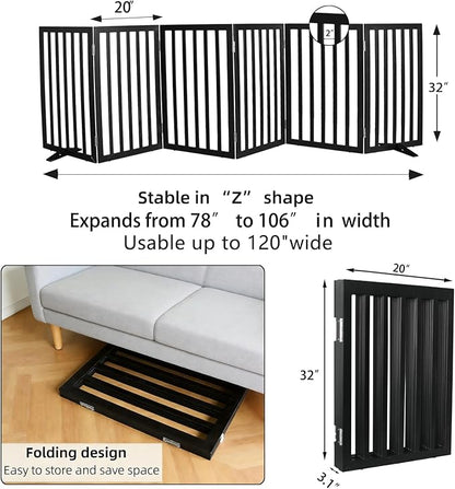ZJSF Freestanding Indoor Dog Gate for House Foldable Wood Puppy Gate for Doorways Pet Gate for Stairs Extra Wide Pet Fence, Black, 32" Height 6 Panels