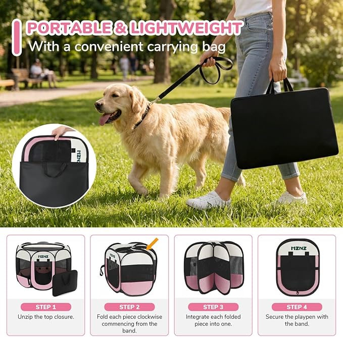 Dog Playpen, Portable Puppy Pet Crate Indoors for Small/Medium/Large Dogs Cats Rabbits, Foldable Dog Cage Enclosure for Outdoor, Pop Up Dogs Tent Kennel with Carrying Case, Pink