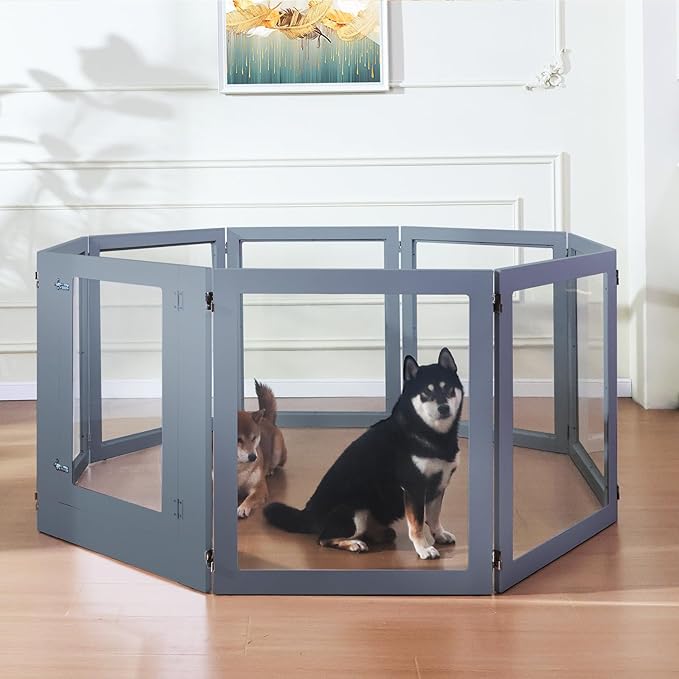 Heavy Duty Clear Acrylic Dog Playpen, 32" Height Transparent Pet Pen, Metal Frame Easy Assemble Kennel Enclosure, Ideal for Small to Medium Dogs, Cats, and Other Small Pets (Grey, 6 Panels with Door)
