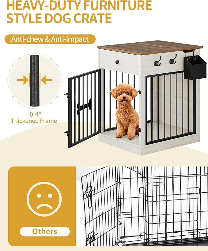 Hzuaneri 24.6'' Dog Crate Furniture with Charging Station, Dog Kennel Indoor with Flip-Top Storage, Wooden Pet Cage Dog House End Side Table for Small Dogs Anti-Chew Anti-Escape, White Brown DFC90114B