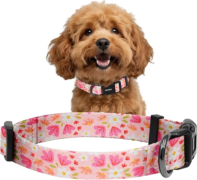 Kazazoo Dog Collar Cute and Soft Nylon Puppy Collar Girl, Adjustable Dog Collars for Small Medium Dogs, Pink Flowers-S