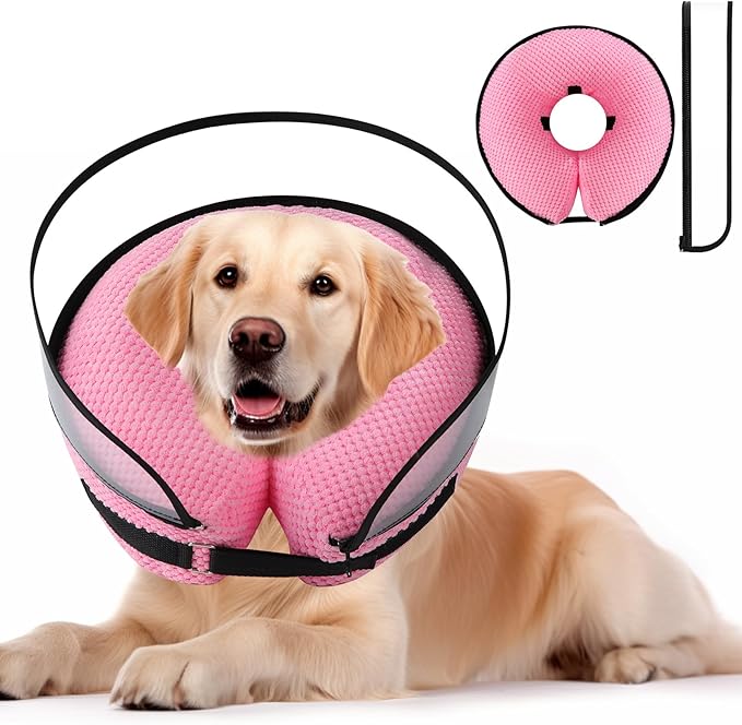 2-in-1 Soft Inflatable Dog Cone Collar Alternative with Enhanced Anti-Licking Guard Shield, Dog Donut Collar After Surgery, Adjustable Recovery Cones for Large Medium Dogs and Cats(Pink, L)